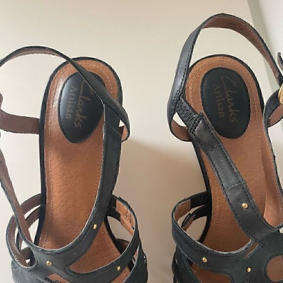 Clarks Artisan Wedge Heels Black Leather Sandals Slingback Size 10 Shoes - Picture 3 of 11